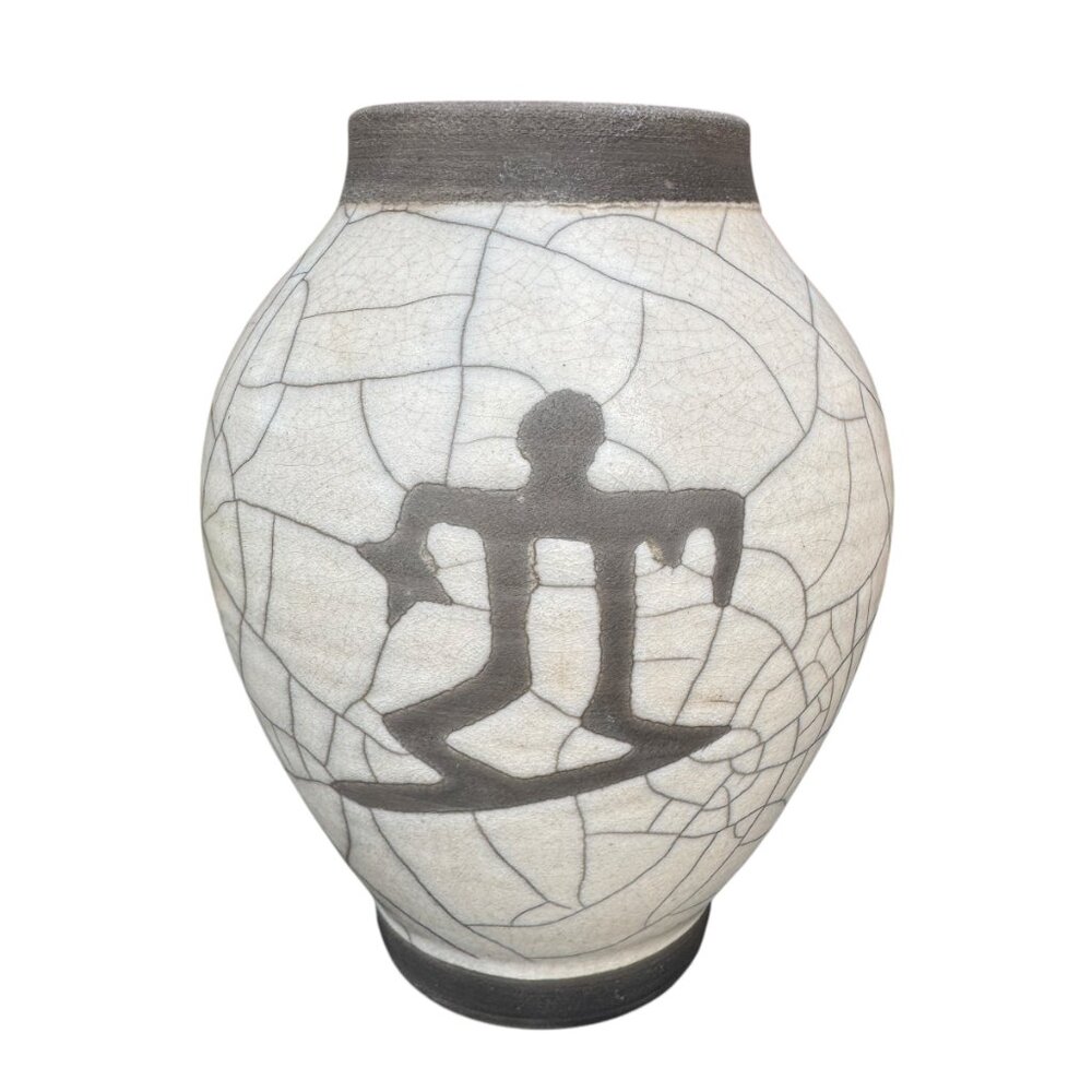 Vintage 1999 Raku Pottery Vase Rick Cosci Maui Hawaii Signed Petroglyphs